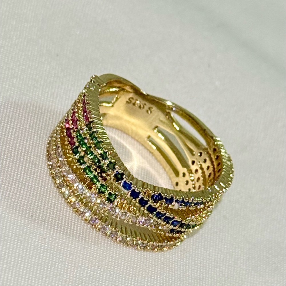 NWOT S925 Gold Tone Intertwined multicolor Cubic Zircon Eternity Ring in 7